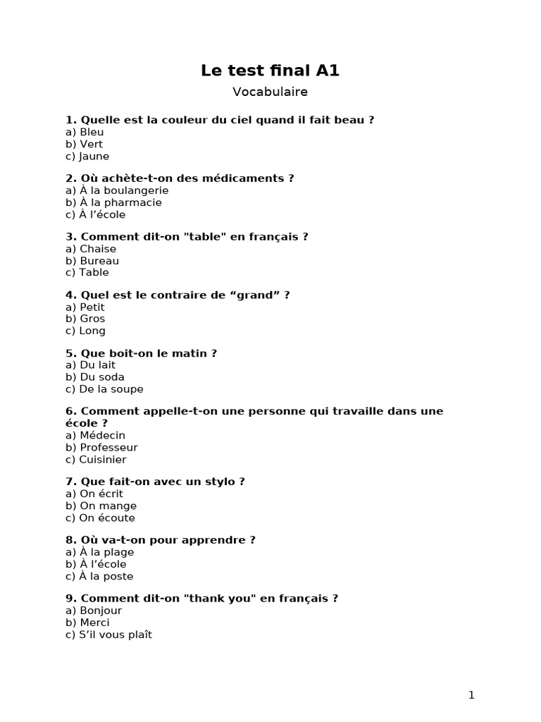Le Test Final A1 | PDF | Nombre grammatical | Verbe