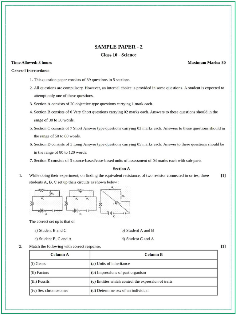 Sample Paper Science Set - 1 | PDF