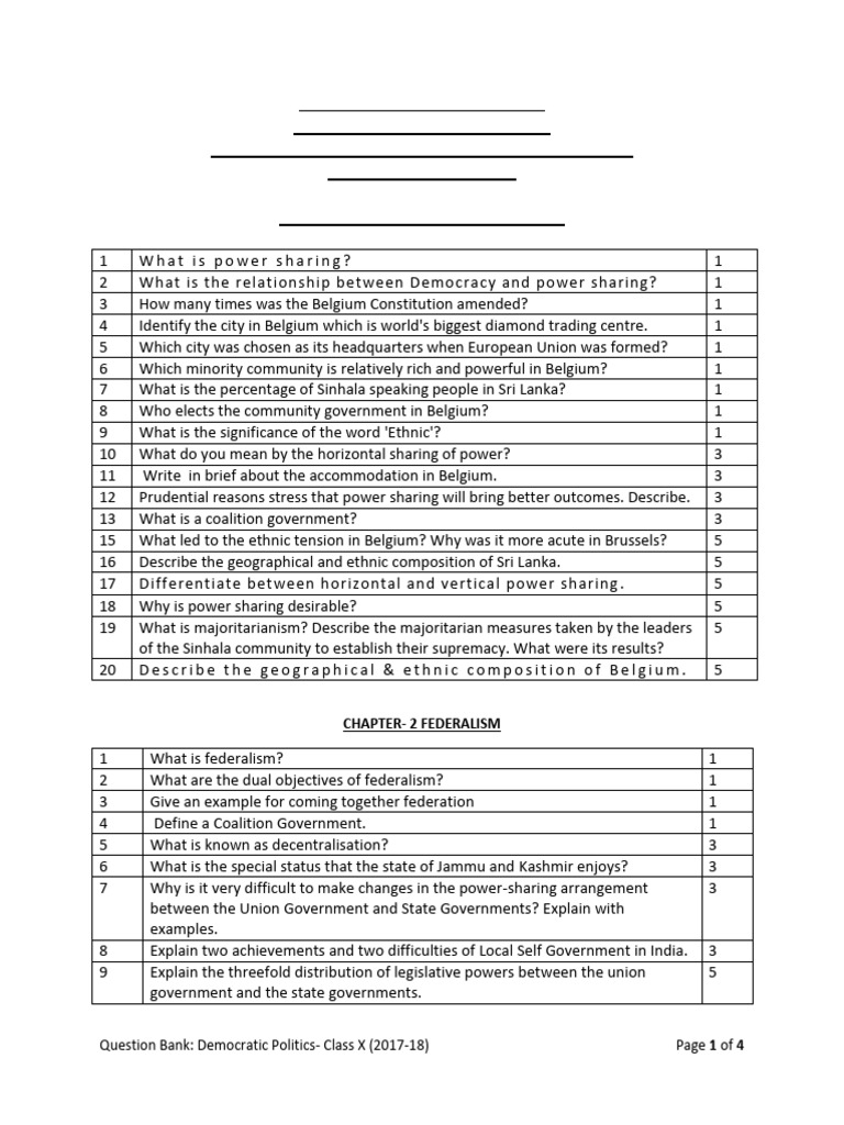 Class X Democratic Politics Question Bank | PDF | Democracy | Political ...