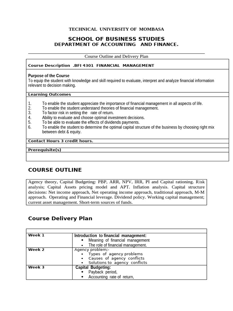 Financial Management Course Outline | PDF | Capital Budgeting ...