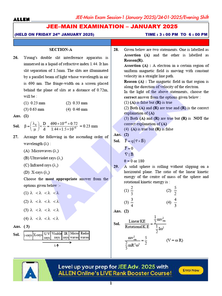 JEE Main Physics Test Paper Solutions | PDF | Wavelength | Light