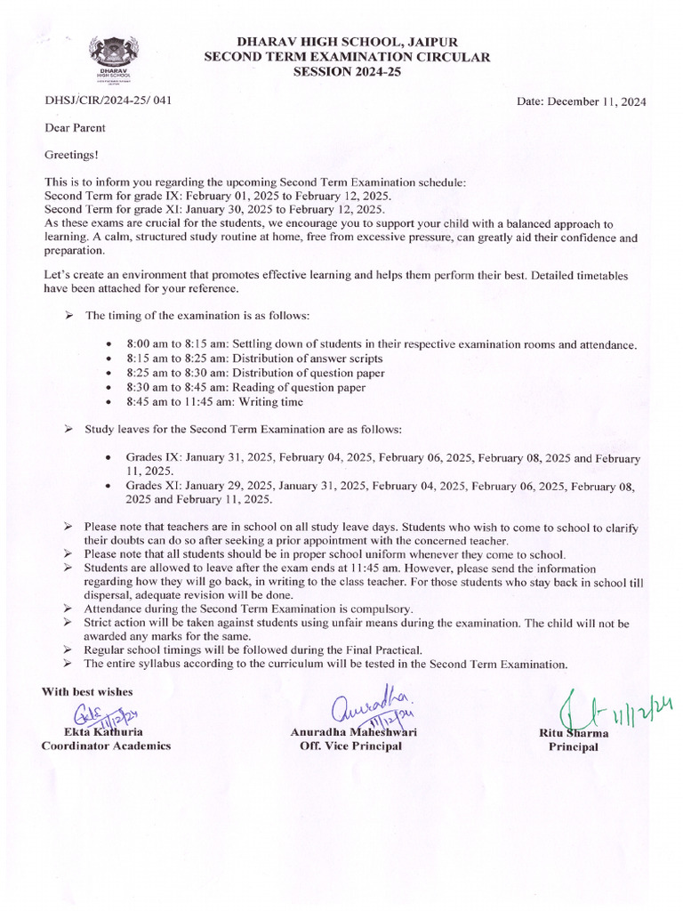 Grade IX and XI Second Term Examination Datesheet Cir 202425 | PDF