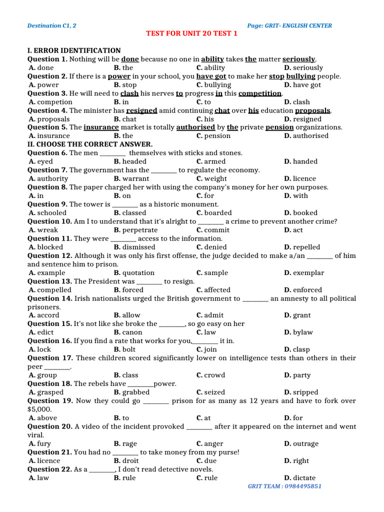 TEST FOR UNIT 20.1 - Destination C12 | PDF