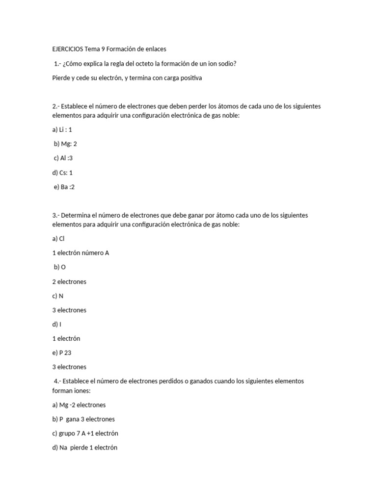 EJERCICIOS+Tema+9+Formaci%C3%B3n+de+enlaces | PDF | Ion | Enlace iónico