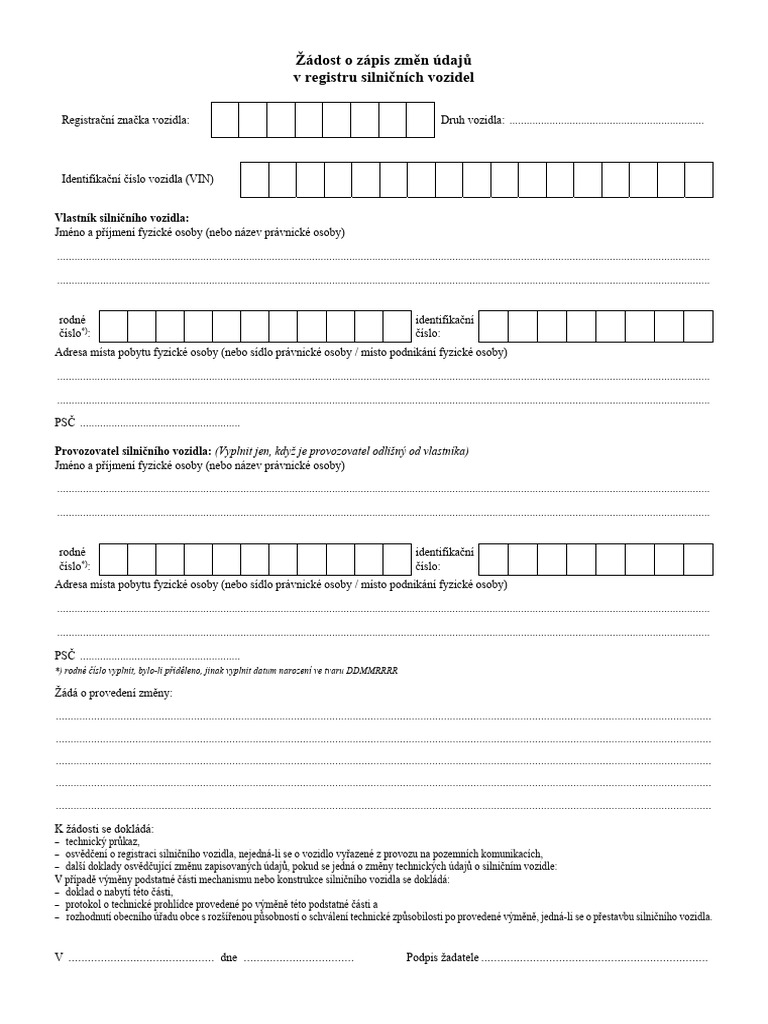 Zadost Zapis Zmen Udaju Registr Vozidel | PDF