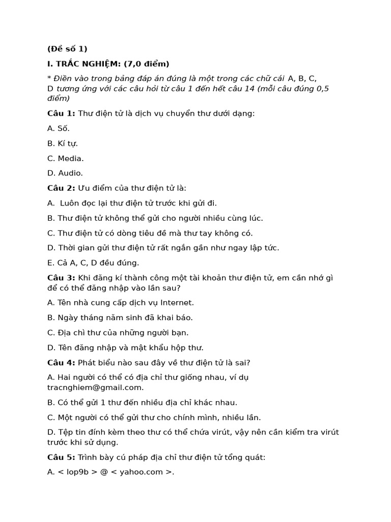 Đề tin 6 cuối kì 1- đề 1 | PDF
