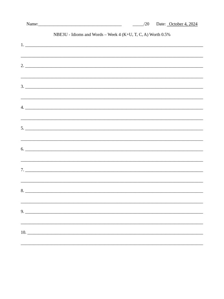 Grade 11 idioms and words test sheet week 4 afternoon pdf