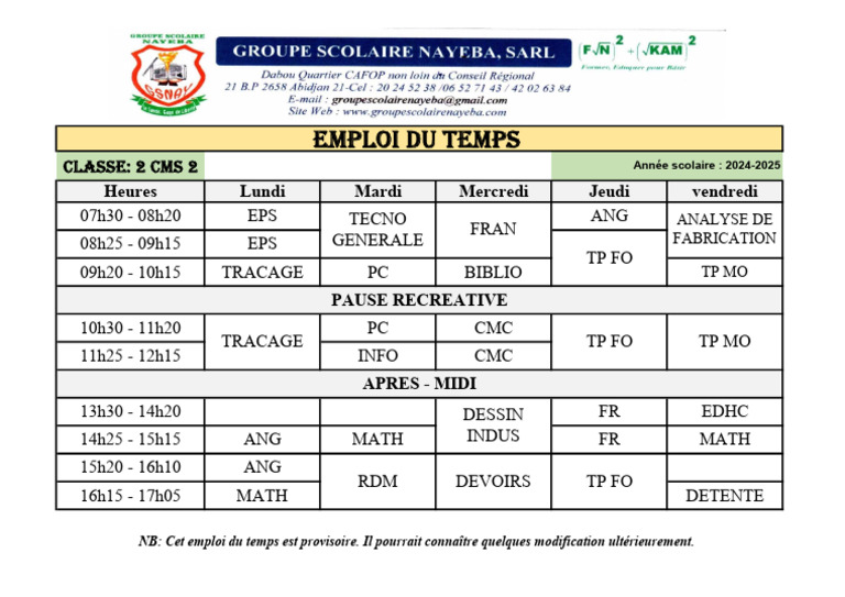 Emploi du temps CM2 2024-2025 | PDF