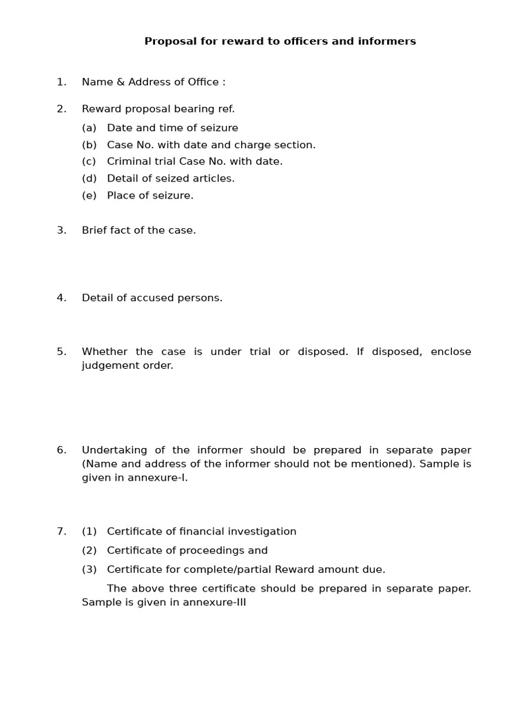 Proposal For Reward To Officers and Informers NCB Reward Form Thar ...