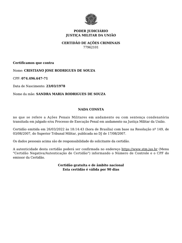 Certidão Negativa de Ações Criminais | PDF