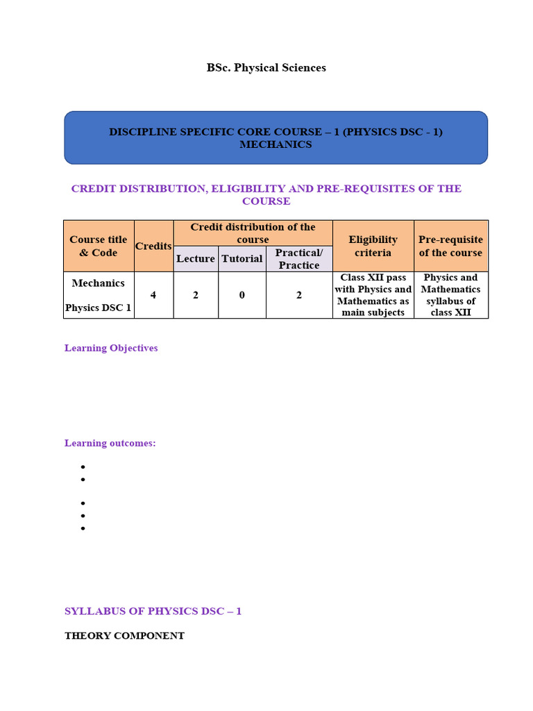 BSc Physical Science Mechanics Syllabus | PDF | Force | Momentum
