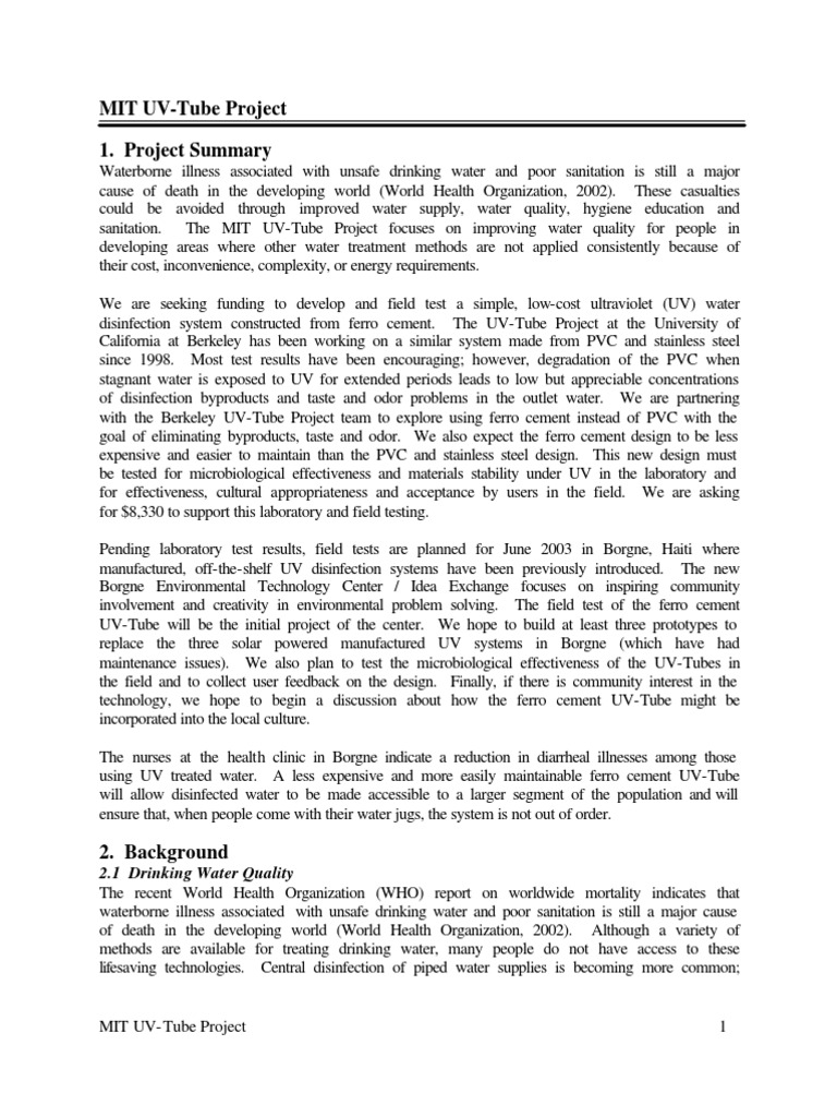 Developing and Field Testing a LowCost Ferro Cement Ultraviolet Water