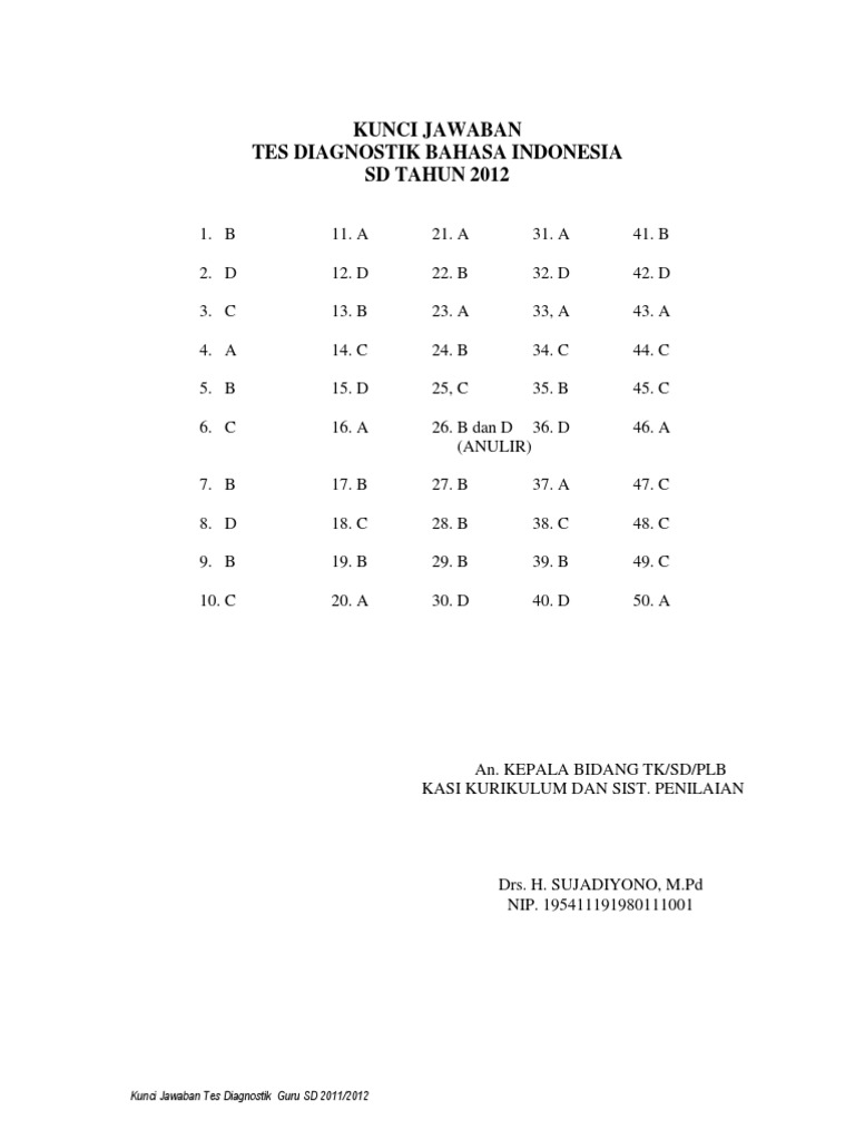 Kunci Jawaban Soal Tes Diagnostik Guru Sd