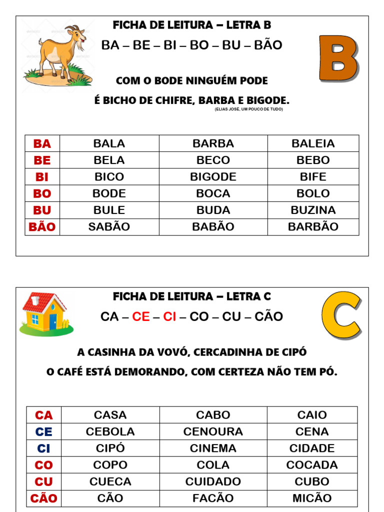 Fichas de Leitura para Alfabetização | PDF