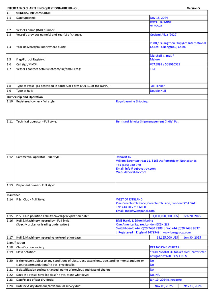 INTERCARGO Q88 for Royal Jasmine Ship | PDF | Ships | Oil Tanker