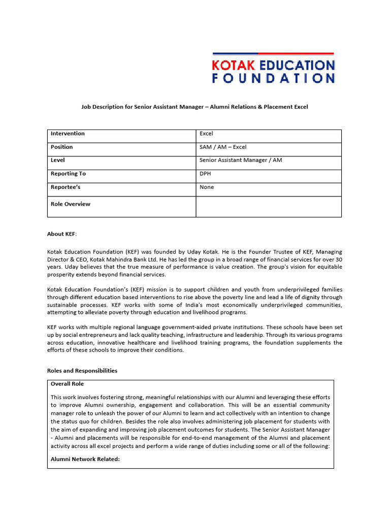 Job Description Senior Assistant Manager - Alumni and Placement Excel ...