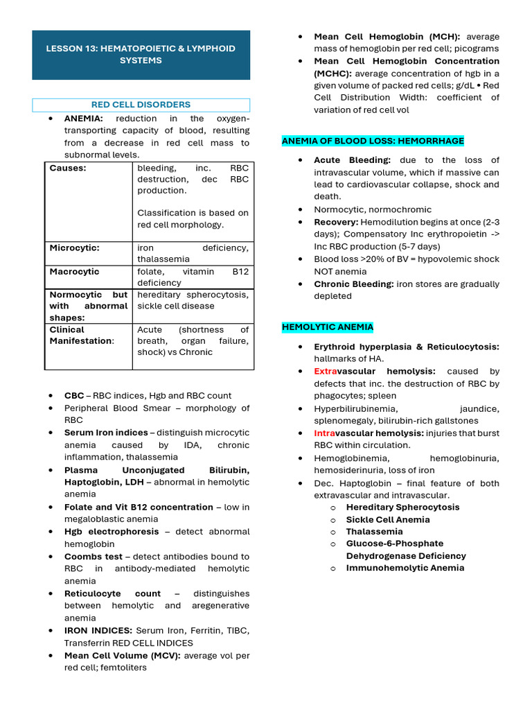 L13 Hematopoietic Lymphoid | PDF | Anemia | Red Blood Cell