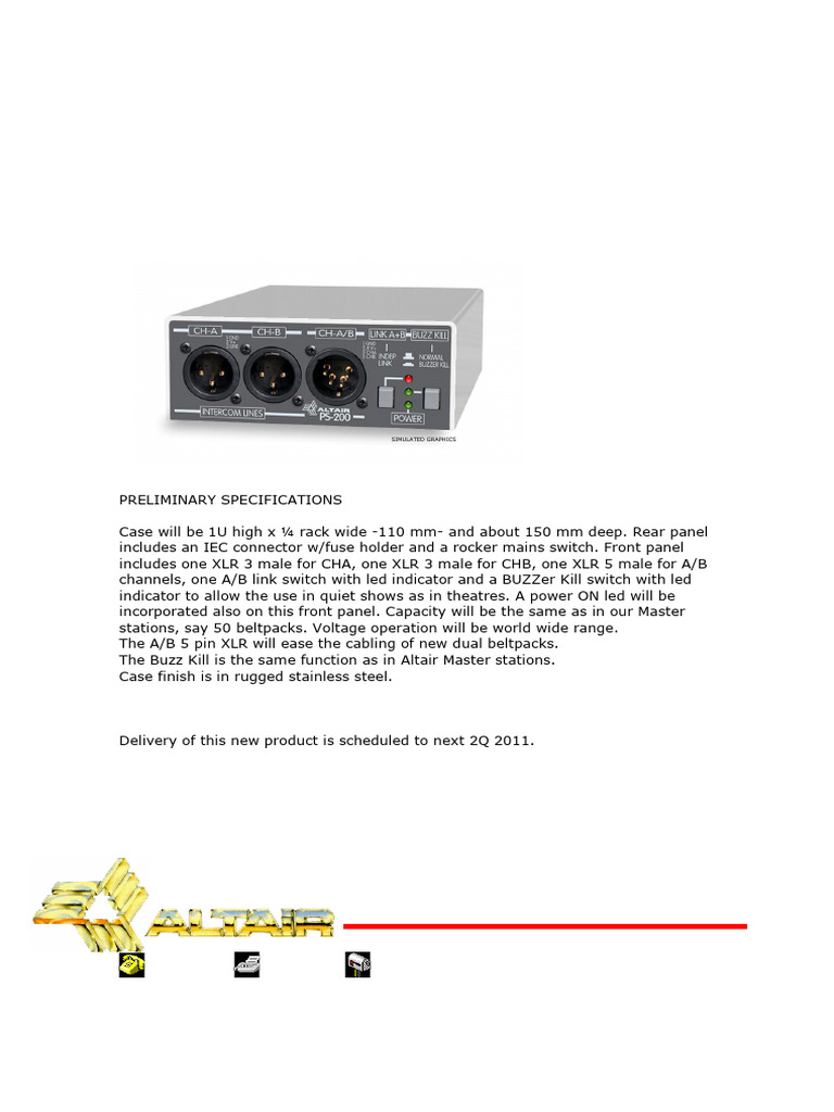 PS-200 Intercom Power Supply Unit Specs | PDF