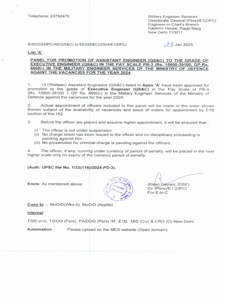 Panel For Promotion of Assistant Engineer (QS&C) DT 23 Jan 2025 | PDF