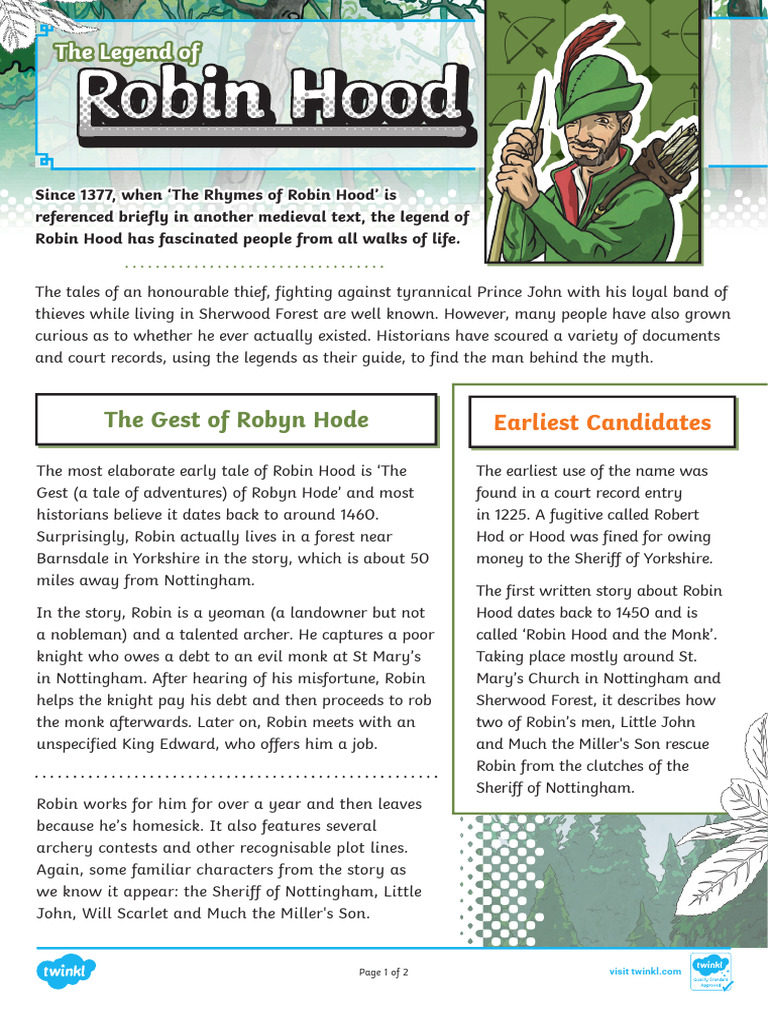 T e 1655811134 Uks2 The Legend of Robin Hood Differentiated Reading  Comprehension Activity - Ver - 3 - Removed | PDF | Robin Hood | English  Legendary Characters