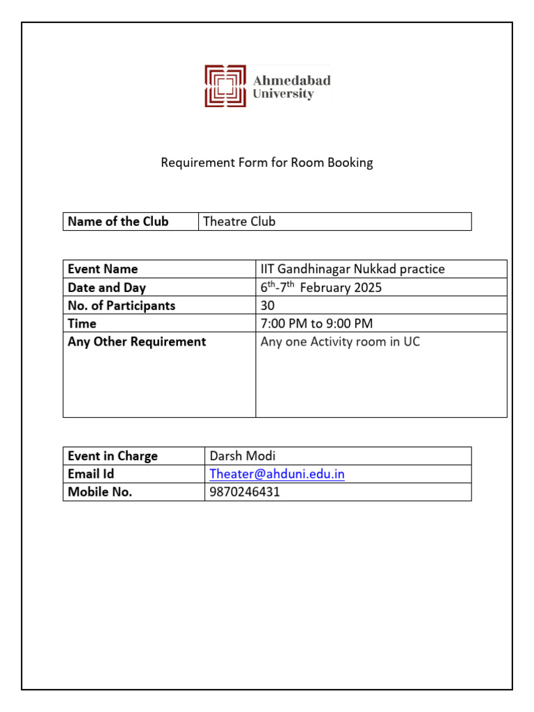 Room Requirement - Rehearsals 6th-7th February | PDF