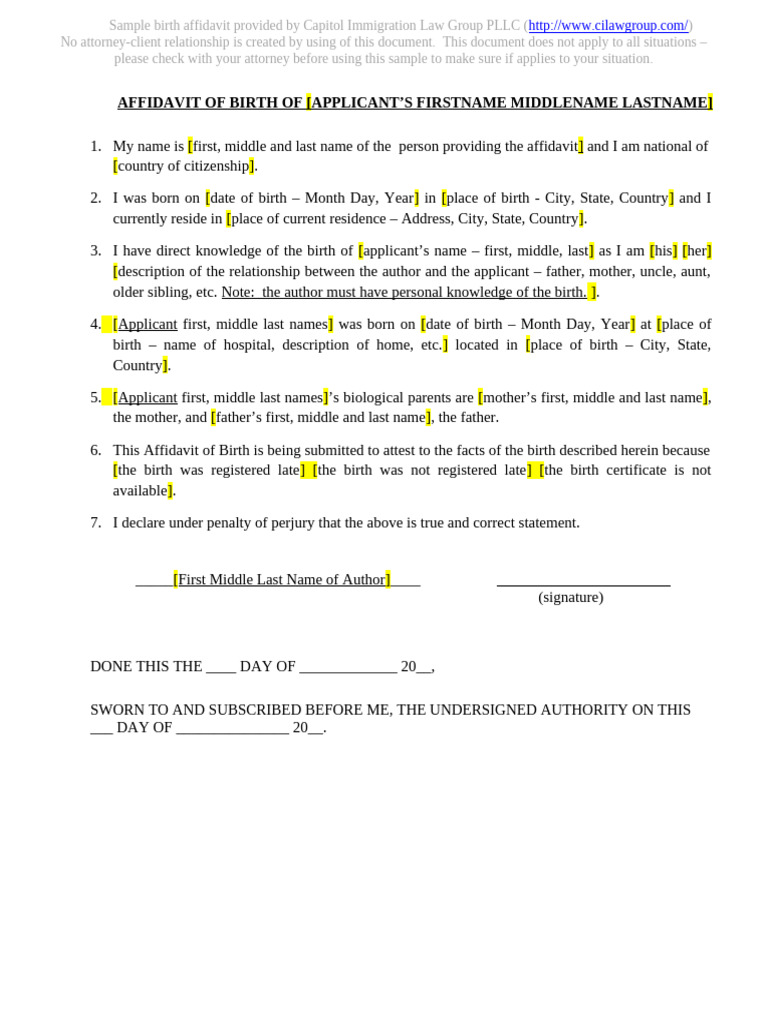 Sample Birth Affidavit Template | PDF
