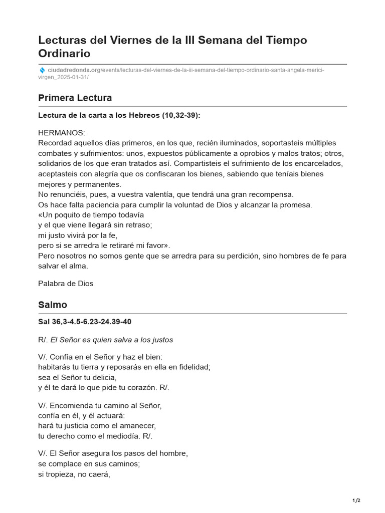 Lecturas Del Viernes de La III Semana Del Tiempo Ordinario | PDF ...