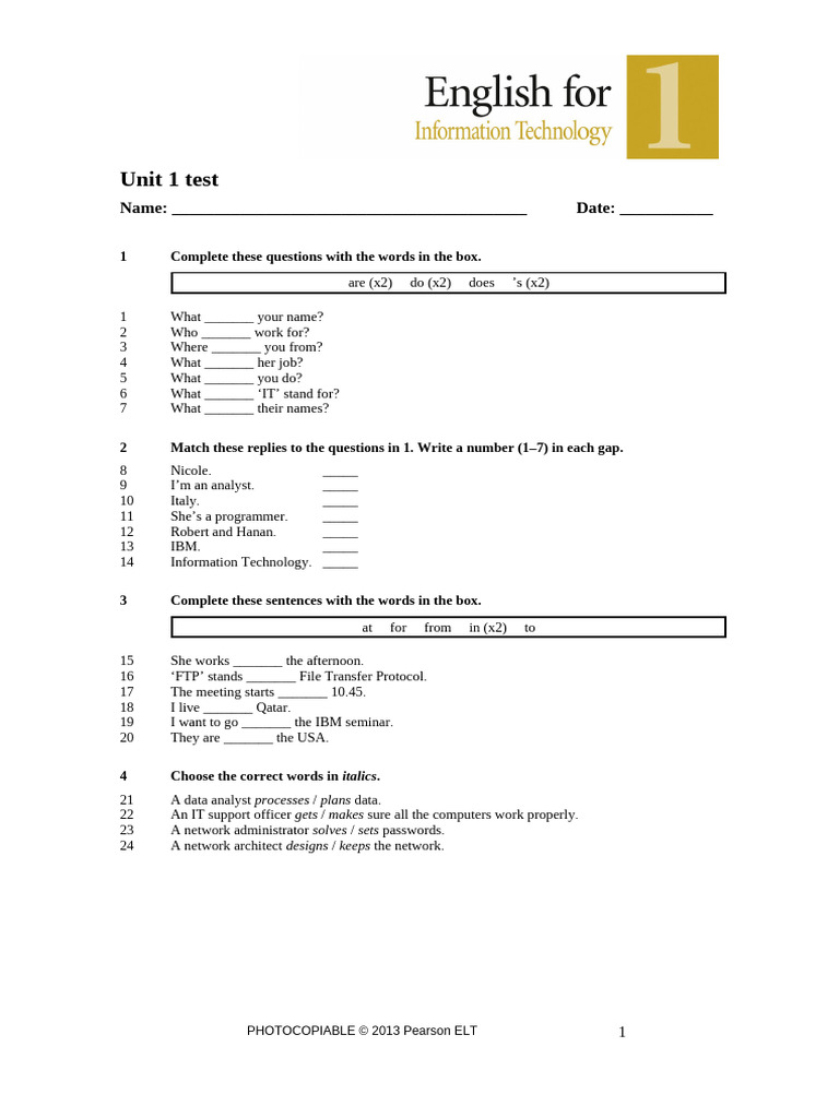 Unit 1 English Test for IT Skills | PDF