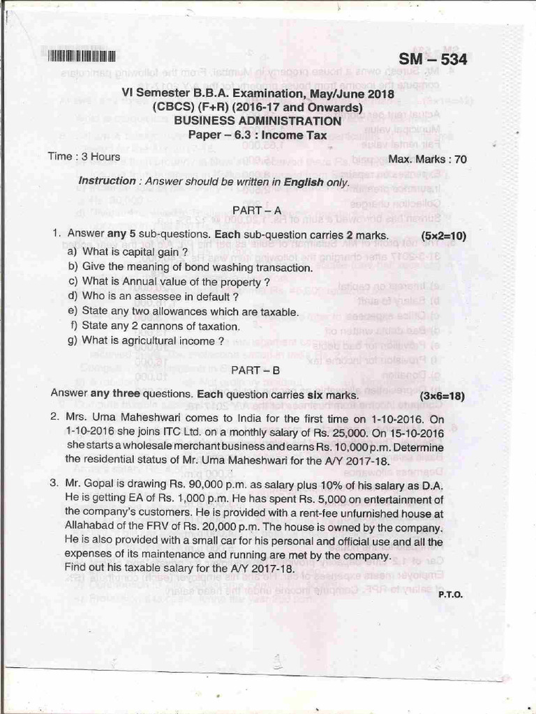 BU BBA 6 Sem Income-Tax June-2018 | PDF