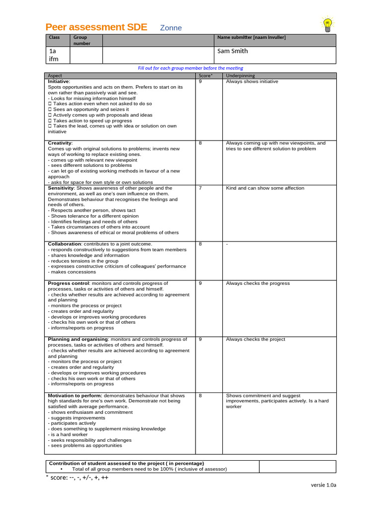 Peer Assessment Criteria for SDE Zonne | PDF | Psychological Concepts ...