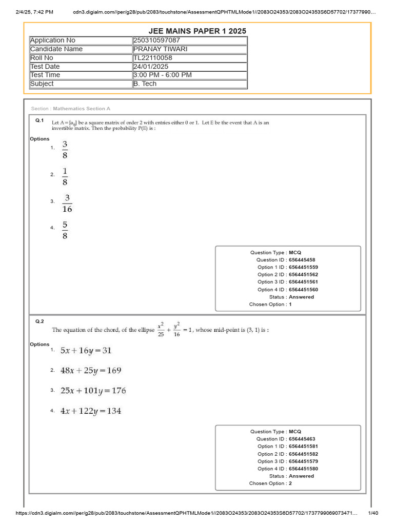 JEE Mains 2025 MCQ Answer Sheet | PDF | Multiple Choice | Student ...