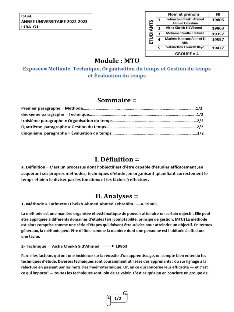 Méthodes et Techniques de Gestion du Temps | PDF | Gestion du temps ...