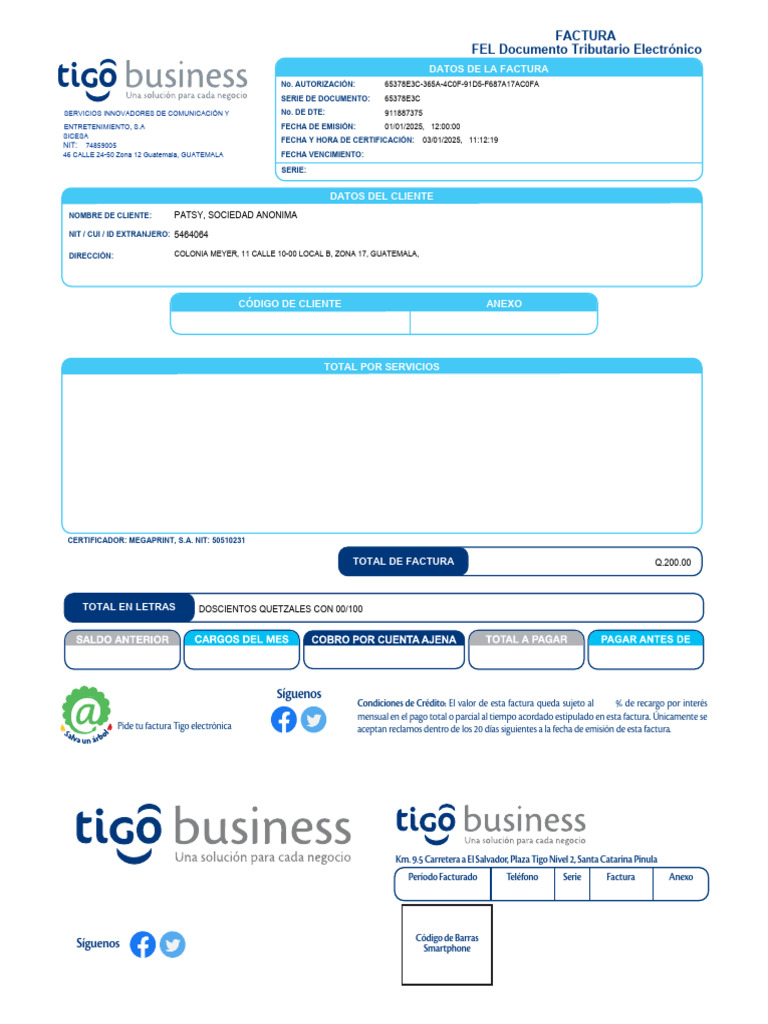 Factura Electrónica Tigo - Enero 2025 | PDF | Factura