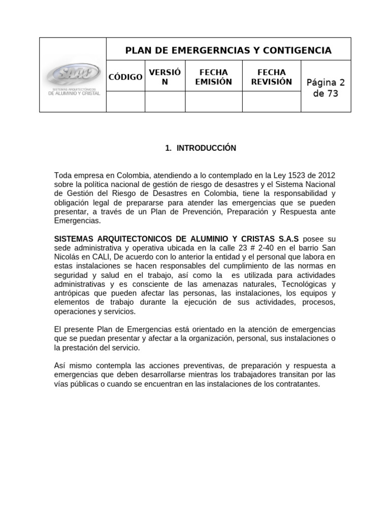 Plan de Emergencia y Contingencia Saac | PDF | Seguridad y salud ...