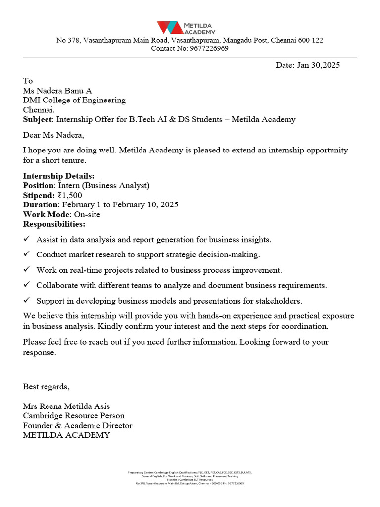 Internship Offer for B.Tech Students | PDF