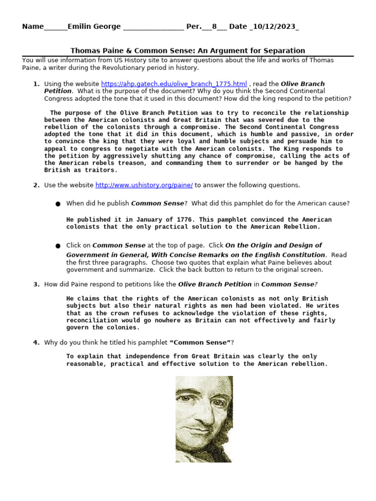 Thomas Paine's Common Sense Explained | PDF | Common Sense | Age Of ...