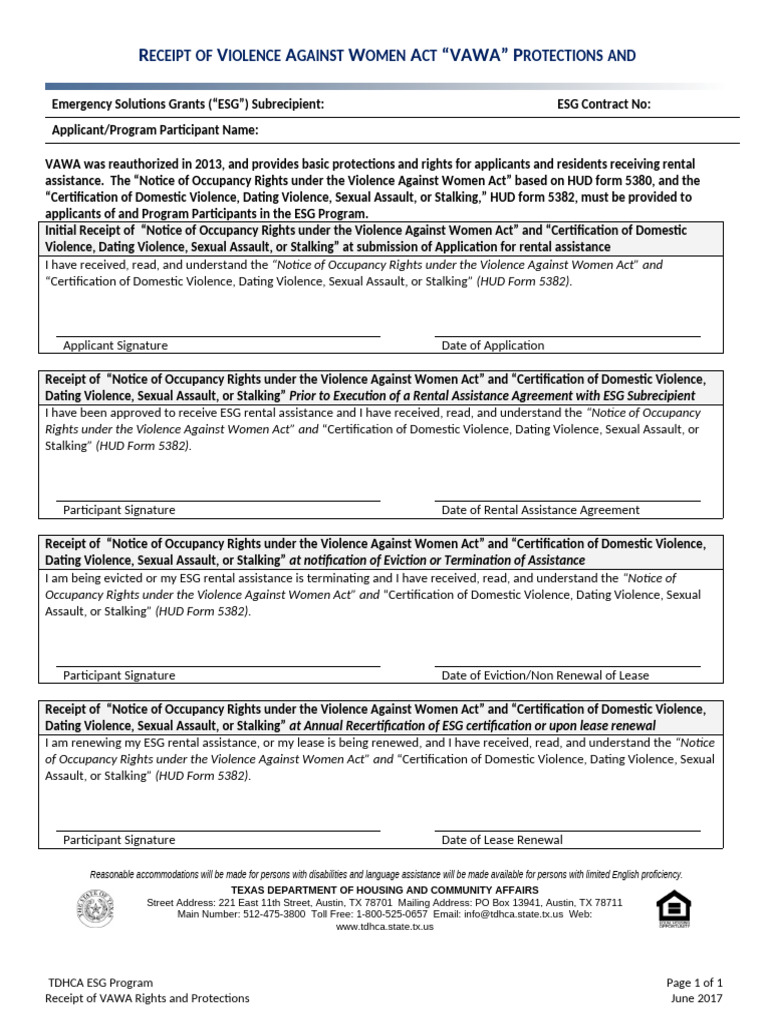 VAWA Rights and Protections Receipt Form | PDF | Crime & Violence | Justice