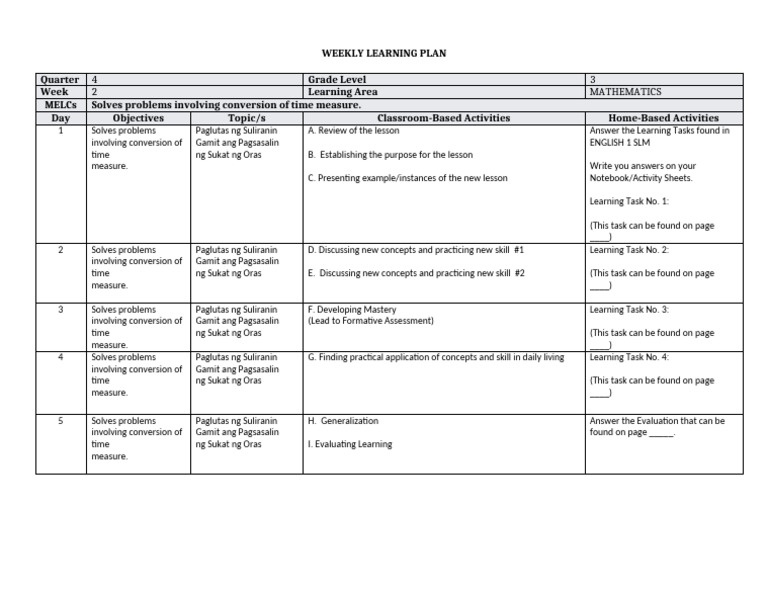 Grade 3 Math Weekly Plan: Time Conversion | PDF | Learning | Cognition