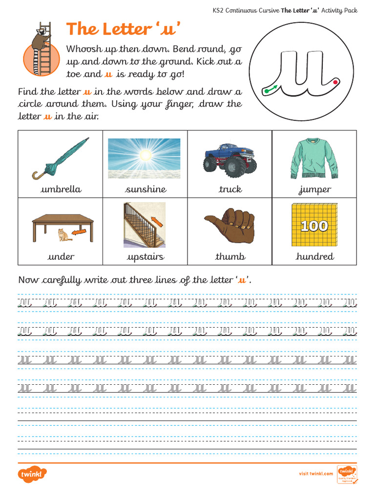 The Letter 'u' Activity Sheet - Continuous Cursive Alt | PDF