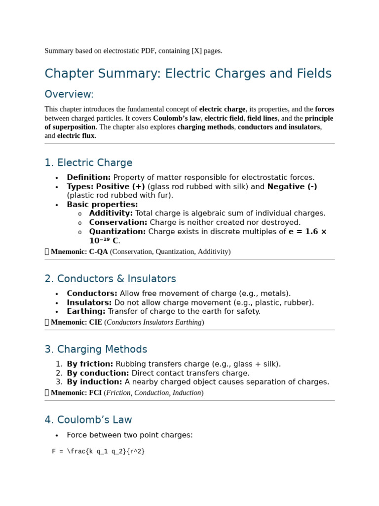 Electric Charges and Fields Overview | PDF | Electric Charge | Electric ...