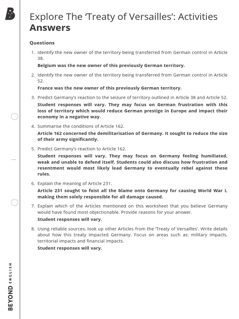 Explore The Treaty of Versailles Activities Answers PDF