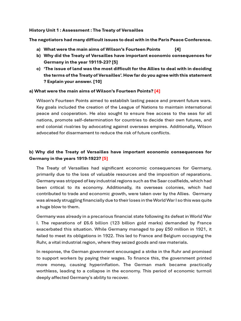 History Unit 1 - Assessment - The Treaty of Versailles | PDF | Treaty ...