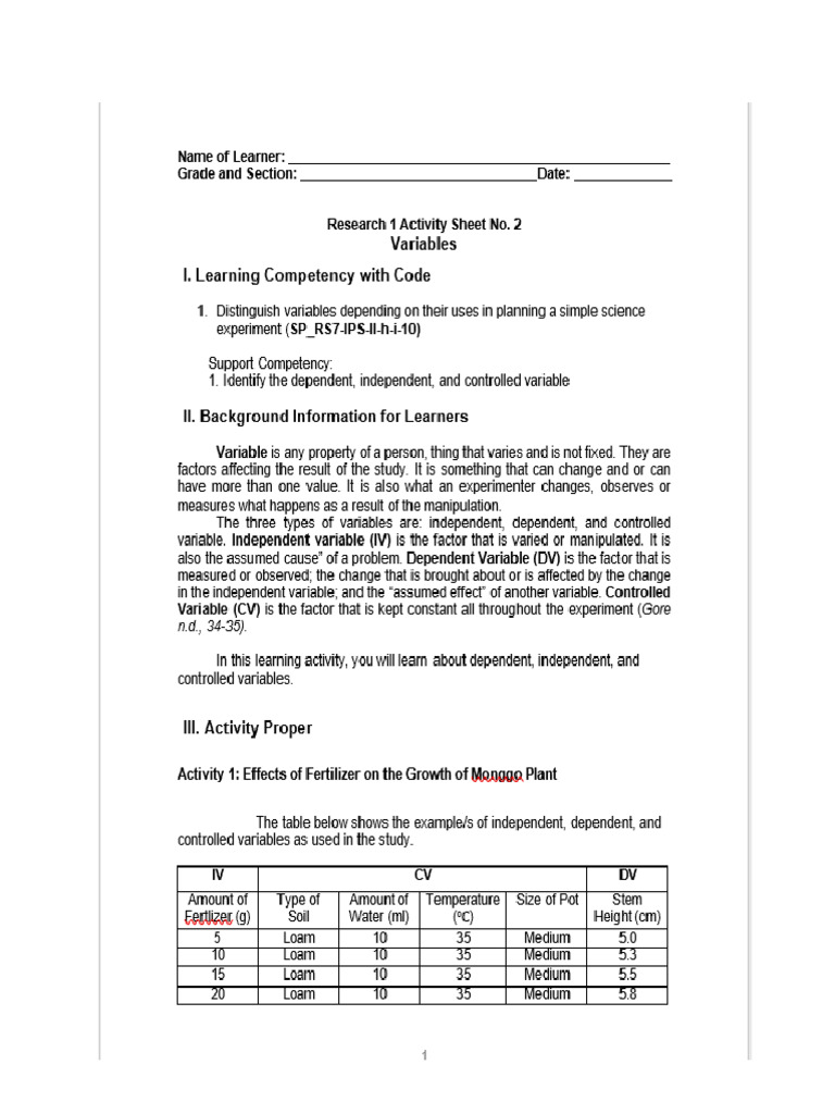 Research 1 Activity Sheet No. 2 Variables | PDF