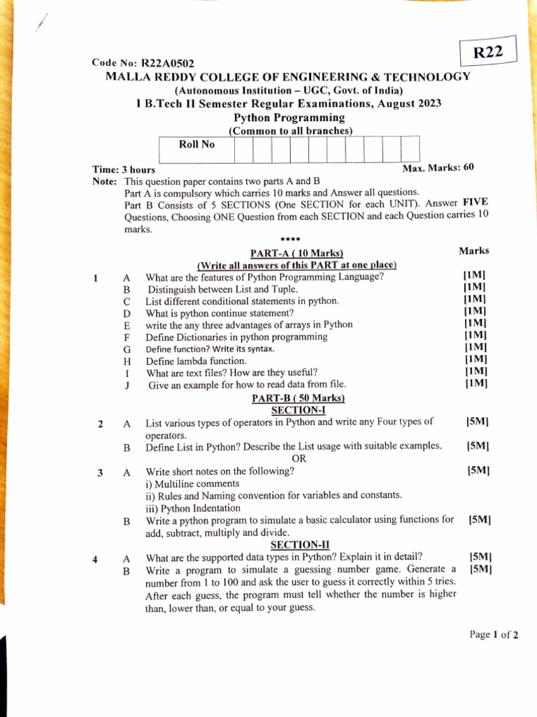 Previous Question Papers | PDF | Python (Programming Language ...