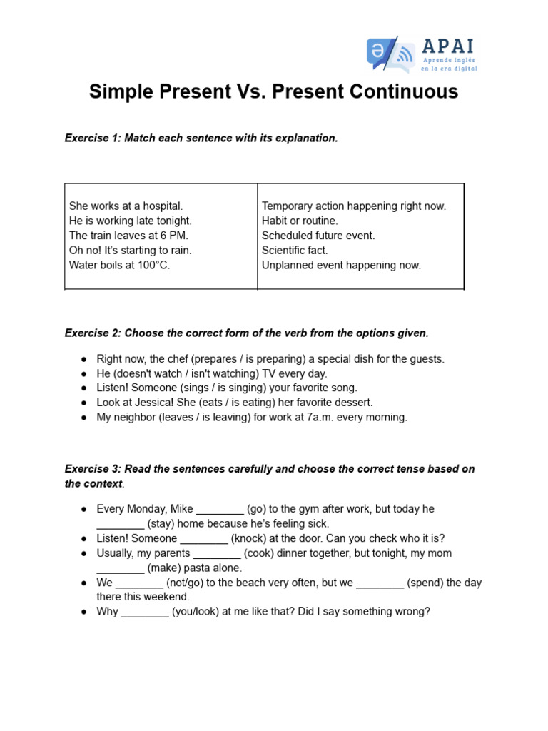Ejercicios de Presente Simple y Continuo | PDF | Grammar | Linguistics
