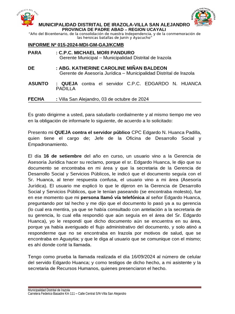 Queja Formal contra Servidor Público Irazola | PDF