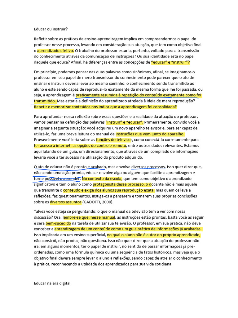 Educar ou Instruir: Reflexões sobre Ensino | PDF | Aprendizado | Pensamento