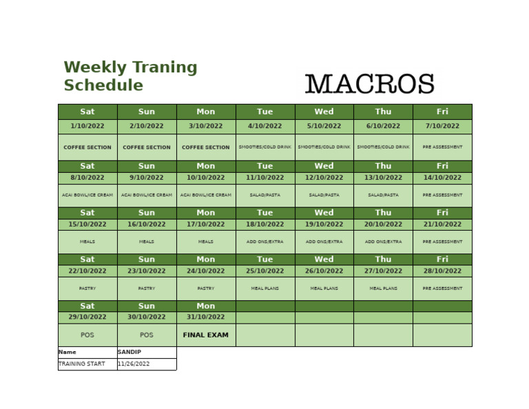 FOH Training Weekly Schedule | PDF