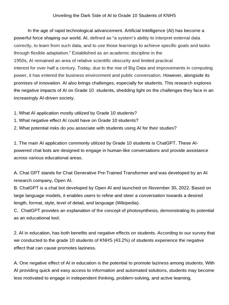 AI's Negative Impact on Grade 10 Students | PDF | Artificial ...