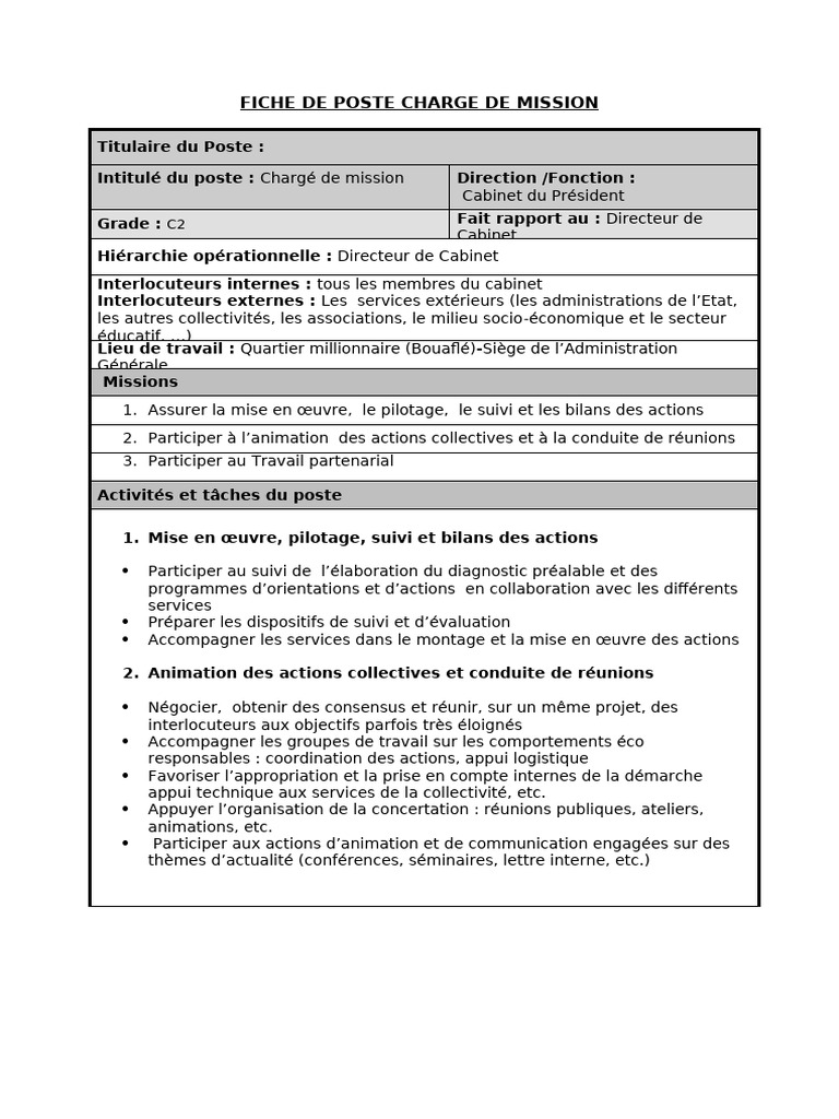 Fiche de Poste : Chargé de Mission | PDF